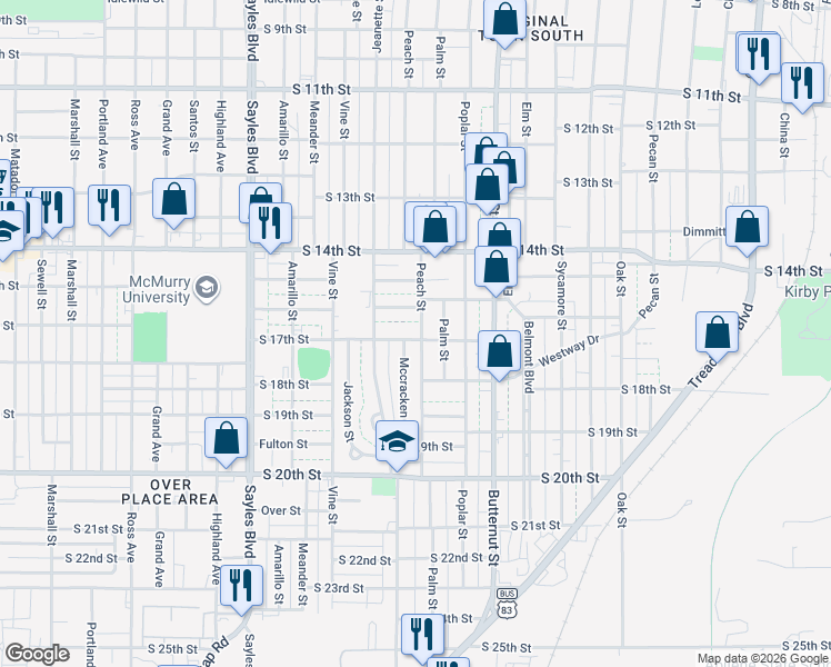 map of restaurants, bars, coffee shops, grocery stores, and more near 1609 Peach Street in Abilene