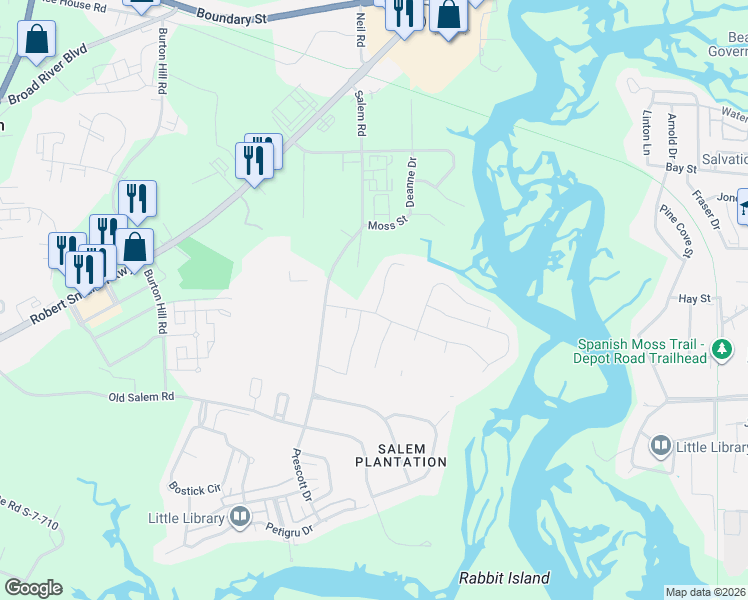 map of restaurants, bars, coffee shops, grocery stores, and more near 95 Salem Farm Road in Beaufort