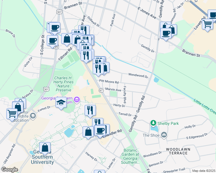 map of restaurants, bars, coffee shops, grocery stores, and more near 205 Marvin Avenue in Statesboro