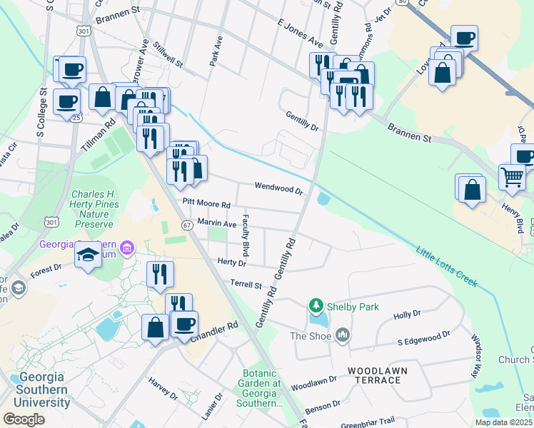 map of restaurants, bars, coffee shops, grocery stores, and more near 508 Pitt Moore Road in Statesboro