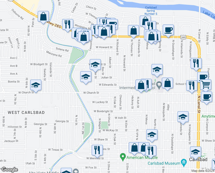 map of restaurants, bars, coffee shops, grocery stores, and more near 1301 West Edwards Street in Carlsbad