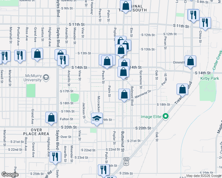 map of restaurants, bars, coffee shops, grocery stores, and more near 1609 Peach Street in Abilene
