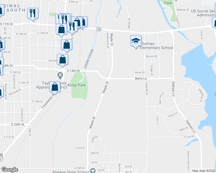 map of restaurants, bars, coffee shops, grocery stores, and more near 2061 Maple Street in Abilene
