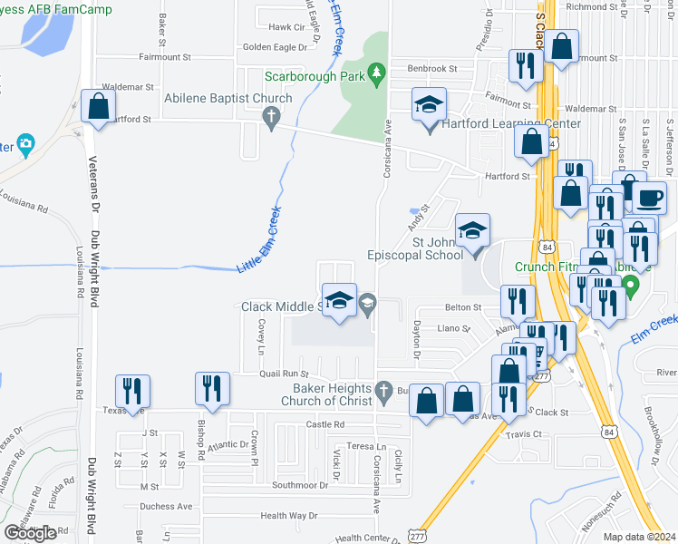map of restaurants, bars, coffee shops, grocery stores, and more near 1709 Snipe Lane in Abilene