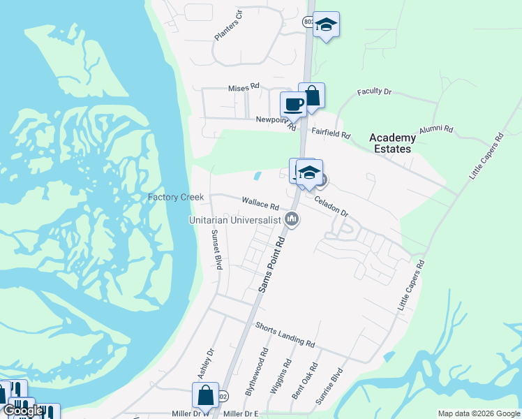 map of restaurants, bars, coffee shops, grocery stores, and more near 16 Wallace Road in Beaufort