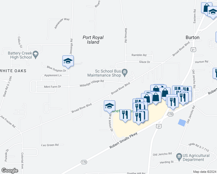 map of restaurants, bars, coffee shops, grocery stores, and more near 232 Broad River Boulevard in Beaufort