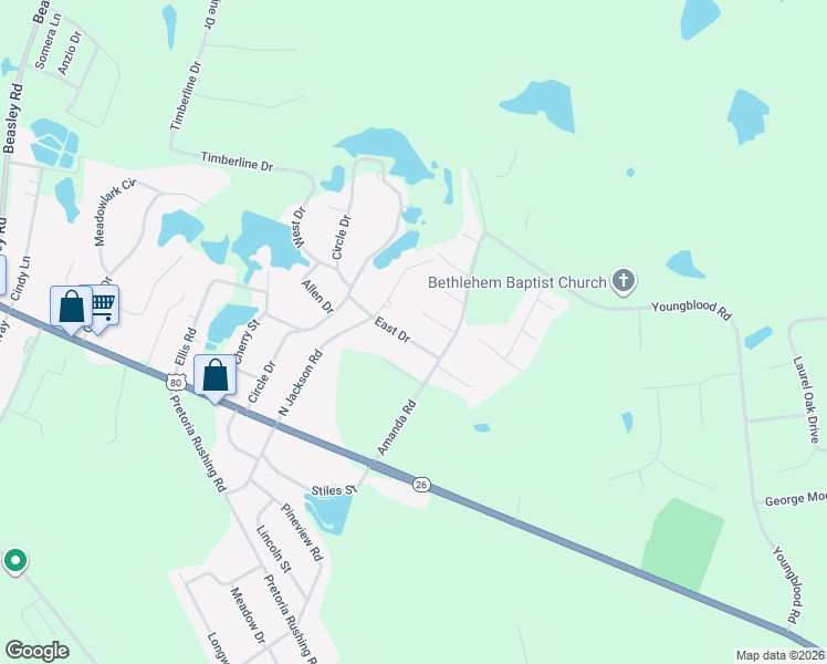 map of restaurants, bars, coffee shops, grocery stores, and more near County Road 107 in Statesboro