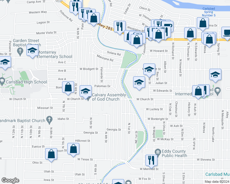 map of restaurants, bars, coffee shops, grocery stores, and more near 813 Solana Road in Carlsbad