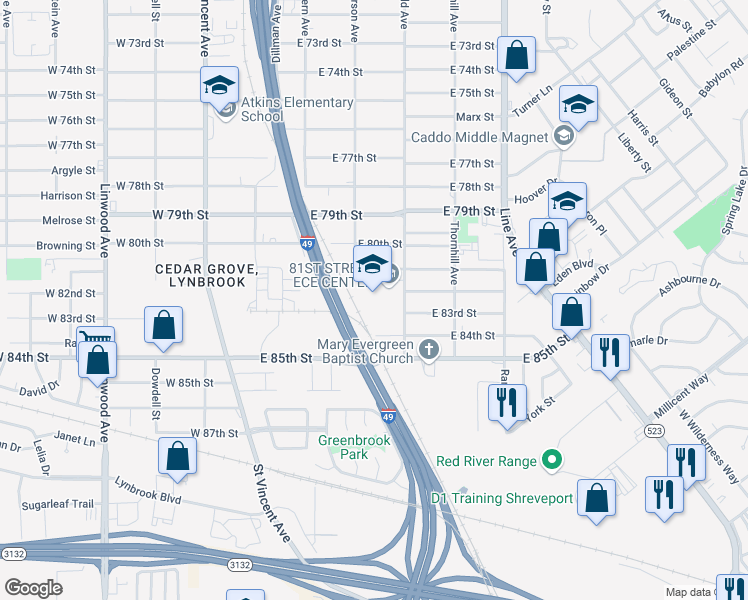 map of restaurants, bars, coffee shops, grocery stores, and more near 8108 Fairfield Avenue in Shreveport