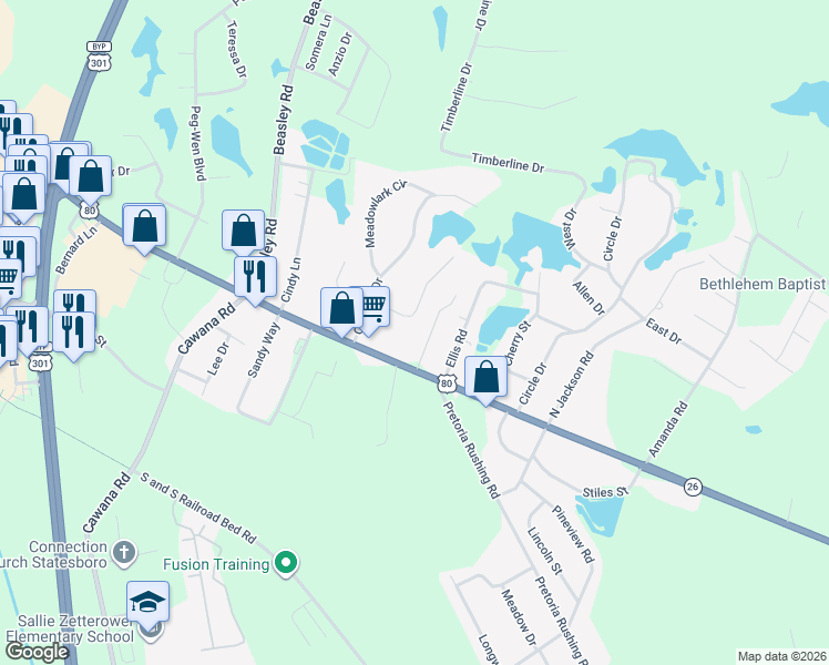 map of restaurants, bars, coffee shops, grocery stores, and more near 212 East Mockingbird Lane in Statesboro