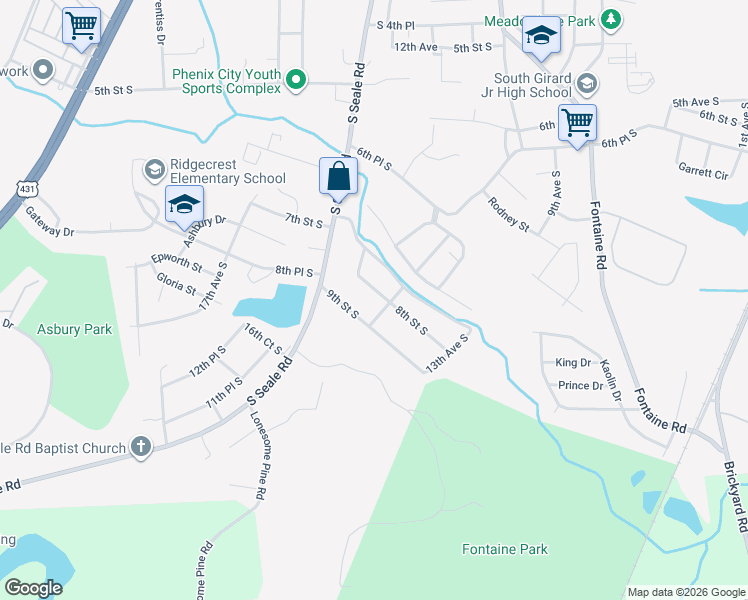 map of restaurants, bars, coffee shops, grocery stores, and more near 1402 8th St S in Phenix City