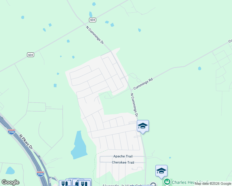 map of restaurants, bars, coffee shops, grocery stores, and more near 1445 North Cummings Drive in Alvarado