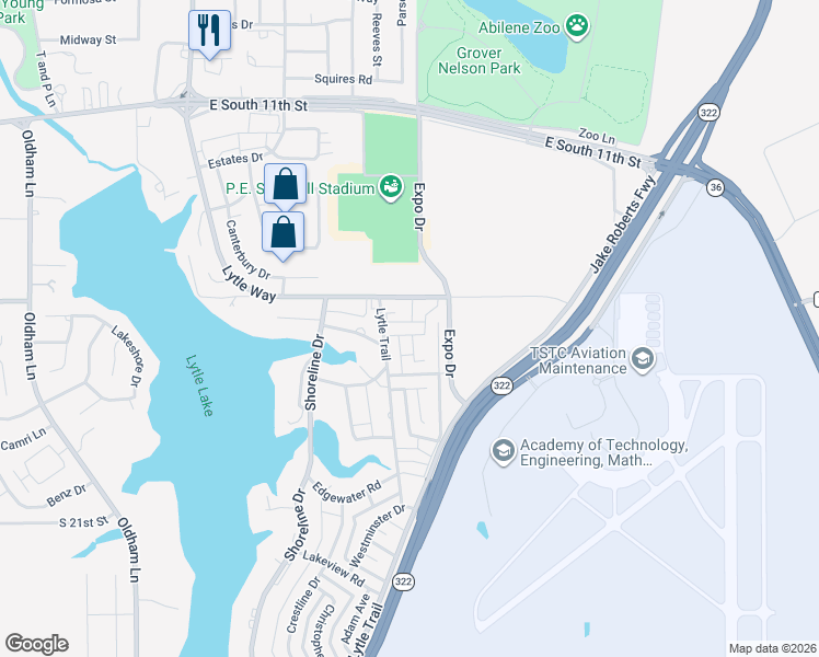 map of restaurants, bars, coffee shops, grocery stores, and more near 1550 Creek Bend Court in Abilene