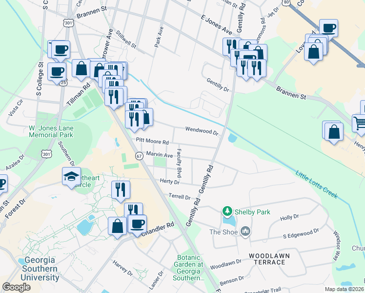 map of restaurants, bars, coffee shops, grocery stores, and more near 502 Pitt Moore Road in Statesboro
