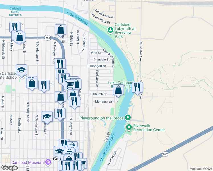 map of restaurants, bars, coffee shops, grocery stores, and more near 305 Ferndale Street in Carlsbad