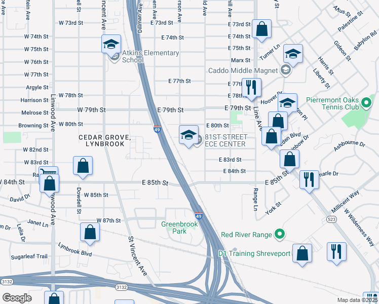 map of restaurants, bars, coffee shops, grocery stores, and more near 8108 Fairfield Avenue in Shreveport