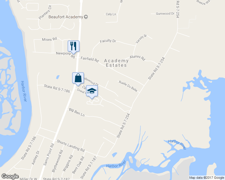 map of restaurants, bars, coffee shops, grocery stores, and more near 45 Brindlewood Drive in Beaufort