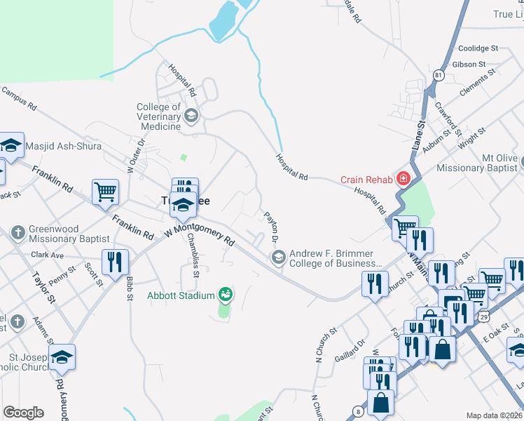 map of restaurants, bars, coffee shops, grocery stores, and more near Payton Drive in TUSKEGEE INST
