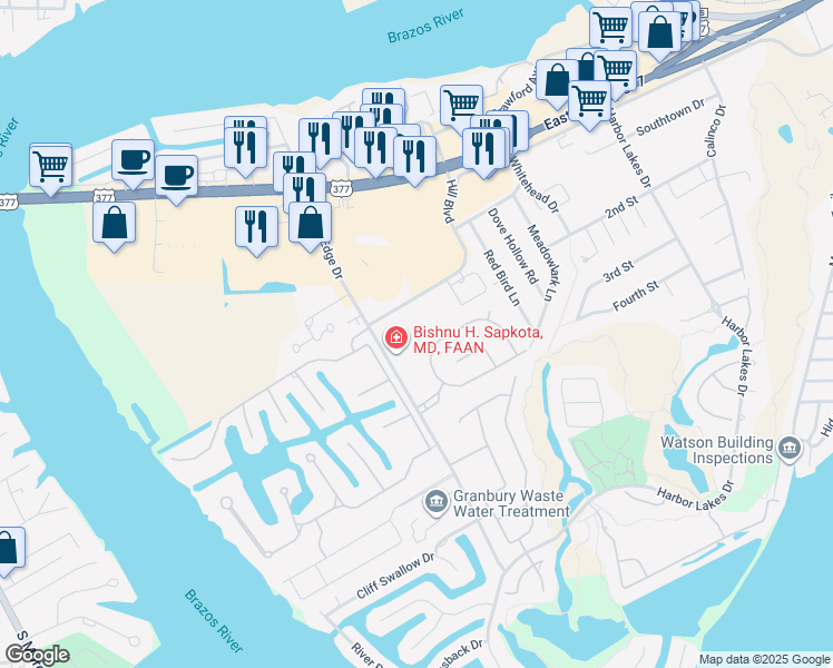 map of restaurants, bars, coffee shops, grocery stores, and more near 1104 Hilkiah Court in Granbury