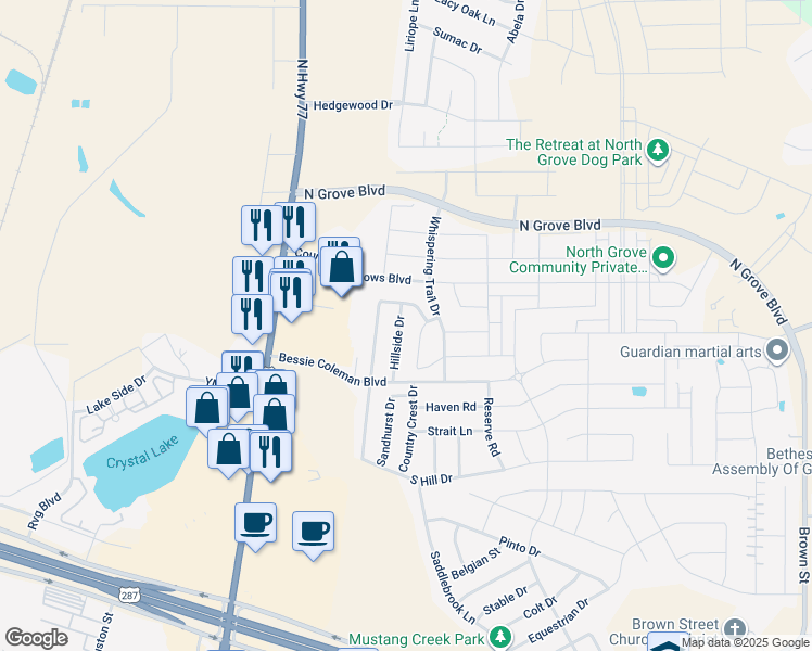 map of restaurants, bars, coffee shops, grocery stores, and more near 1655 Hillside Drive in Waxahachie