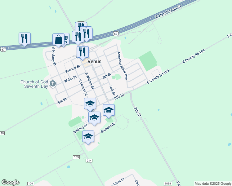 map of restaurants, bars, coffee shops, grocery stores, and more near 702 Oak St in Venus