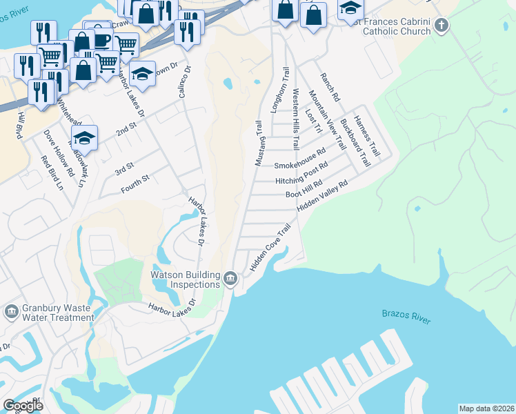 map of restaurants, bars, coffee shops, grocery stores, and more near 1708 Hidden Valley Road in Granbury