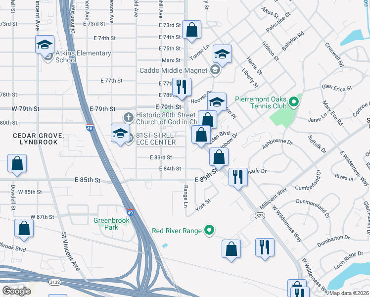 map of restaurants, bars, coffee shops, grocery stores, and more near 8200 Range Lane in Shreveport