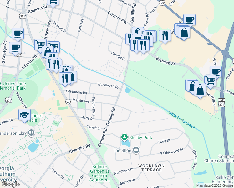 map of restaurants, bars, coffee shops, grocery stores, and more near 723-759 Gentilly Road in Statesboro