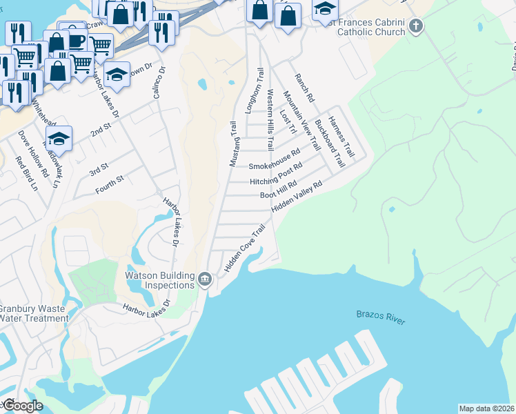 map of restaurants, bars, coffee shops, grocery stores, and more near 1726 Hidden Valley Road in Granbury