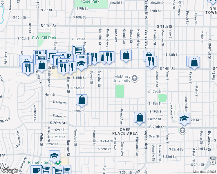 map of restaurants, bars, coffee shops, grocery stores, and more near 1557 Portland Avenue in Abilene