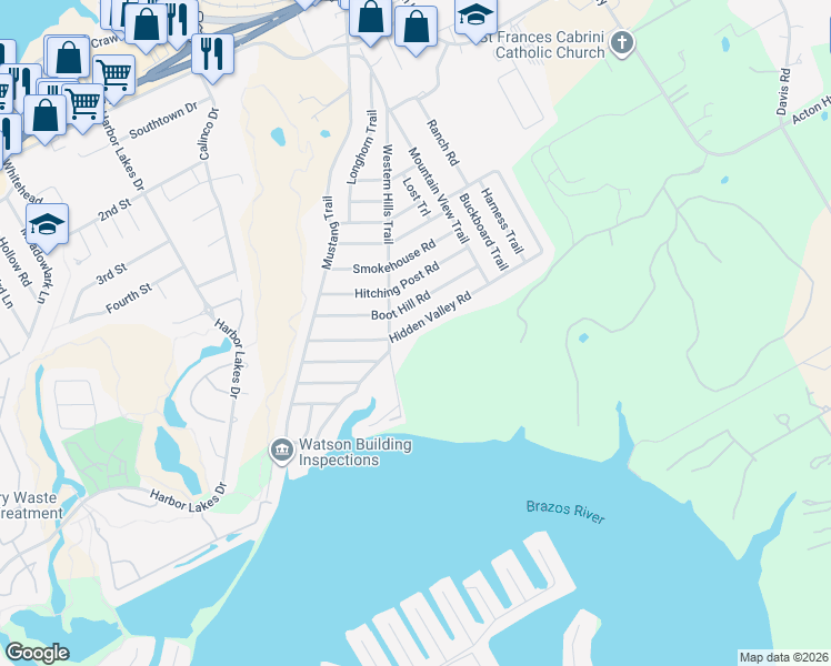 map of restaurants, bars, coffee shops, grocery stores, and more near 1808 Hidden Valley Road in Granbury