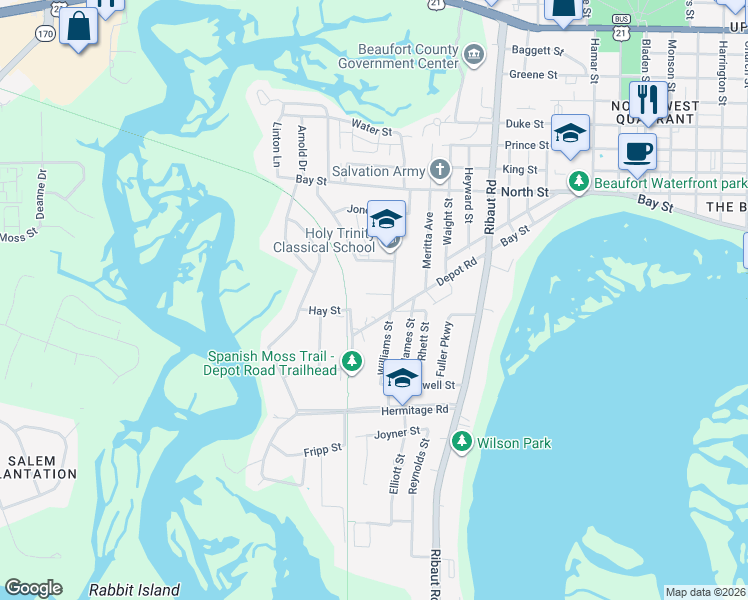 map of restaurants, bars, coffee shops, grocery stores, and more near 2702 Bray Street in Beaufort