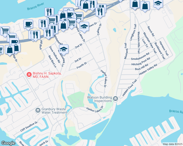 map of restaurants, bars, coffee shops, grocery stores, and more near 1016 Quarry Court in Granbury