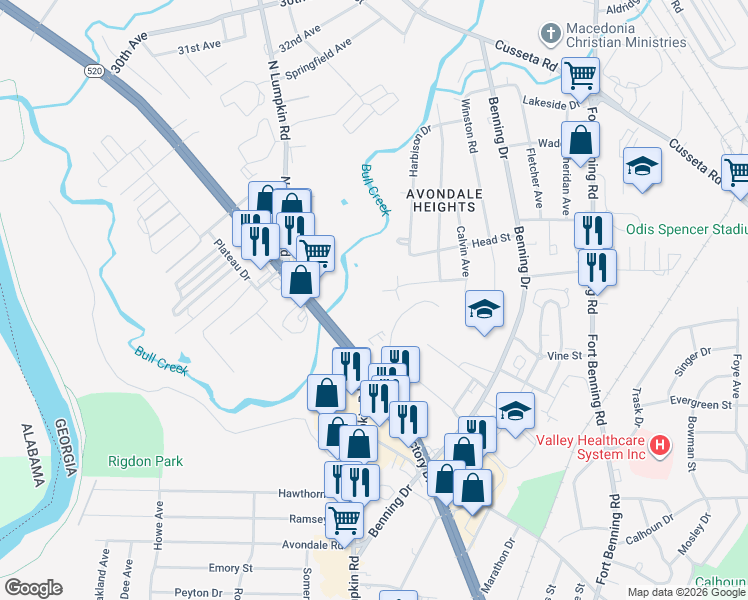 map of restaurants, bars, coffee shops, grocery stores, and more near 1204 Baker Circle in Columbus