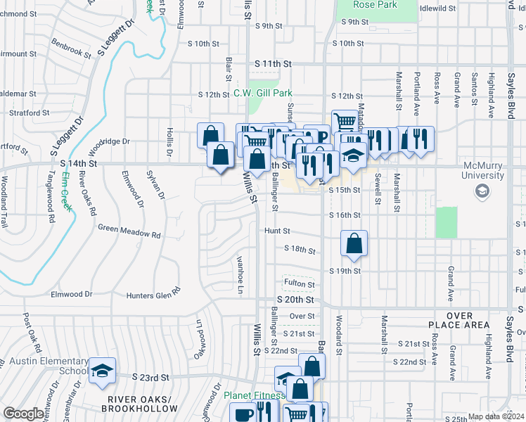 map of restaurants, bars, coffee shops, grocery stores, and more near 1533 South Willis Street in Abilene