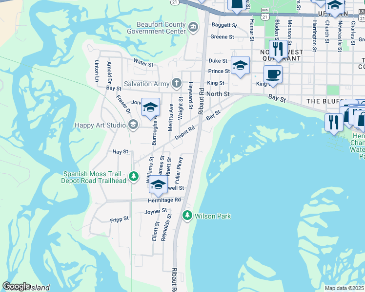 map of restaurants, bars, coffee shops, grocery stores, and more near 114 Lyford Place in Beaufort