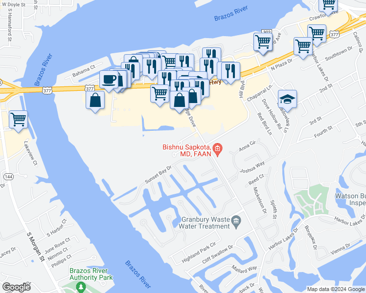 map of restaurants, bars, coffee shops, grocery stores, and more near 959 Charterhouse Circle in Granbury