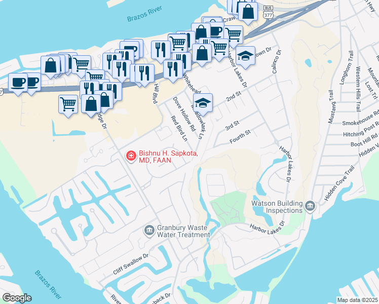 map of restaurants, bars, coffee shops, grocery stores, and more near 1214 Red Bird Lane in Granbury