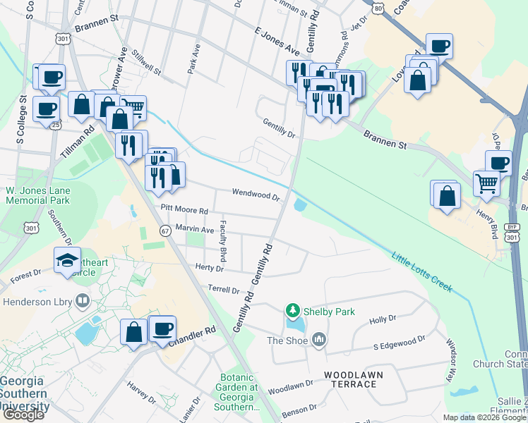 map of restaurants, bars, coffee shops, grocery stores, and more near 517 Pitt Moore Road in Statesboro