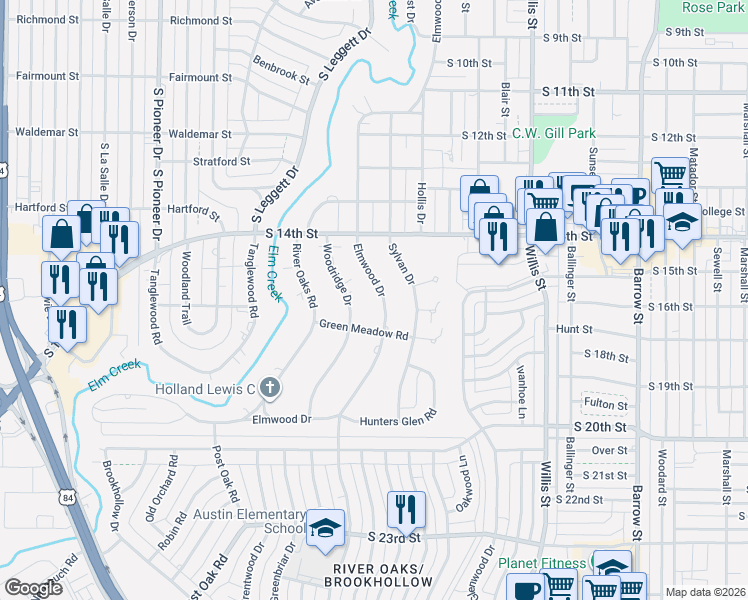 map of restaurants, bars, coffee shops, grocery stores, and more near 1518 Elmwood Drive in Abilene