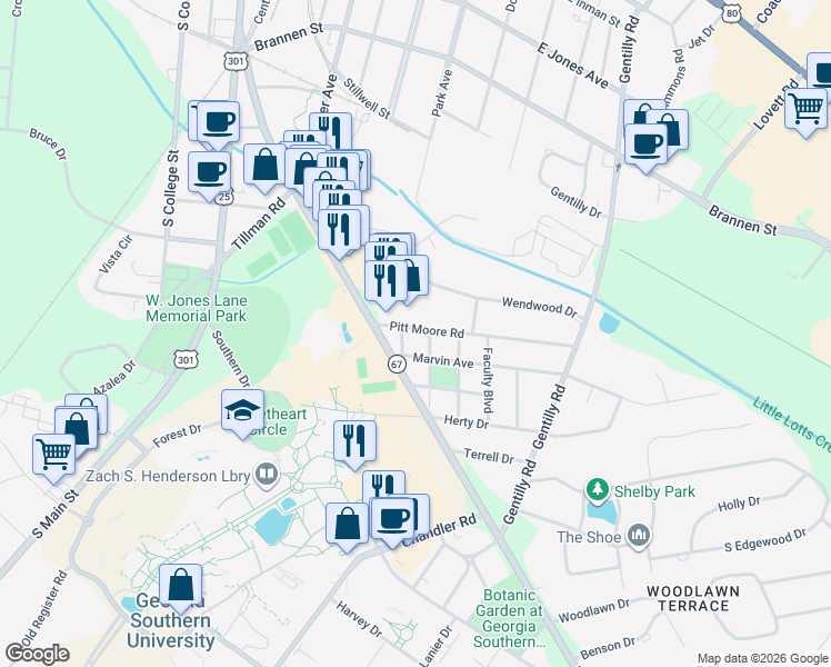 map of restaurants, bars, coffee shops, grocery stores, and more near 202 Pitt Moore Road in Statesboro