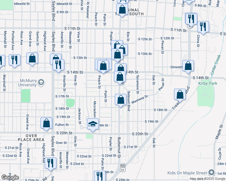 map of restaurants, bars, coffee shops, grocery stores, and more near 1625 Poplar Street in Abilene