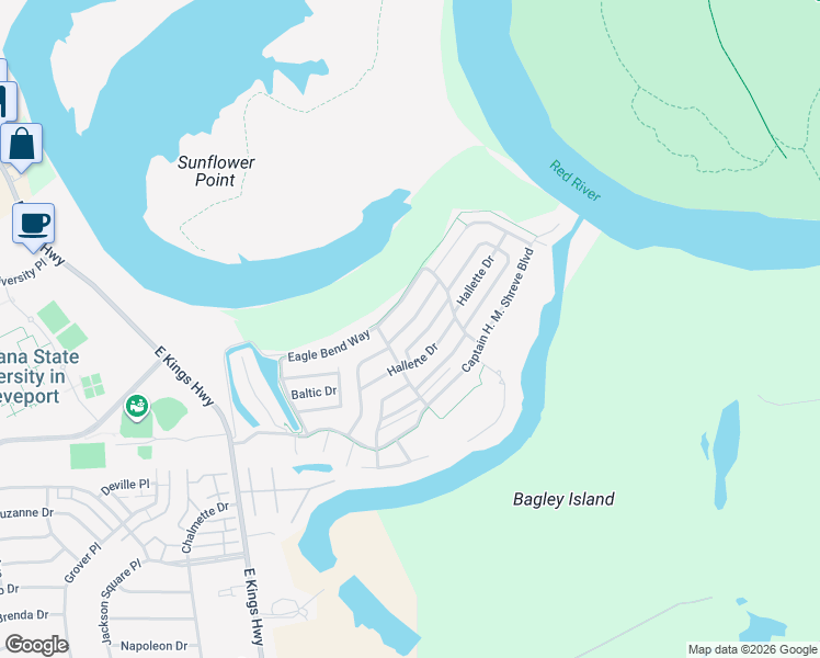 map of restaurants, bars, coffee shops, grocery stores, and more near 8108 Captain Mary Miller Drive in Shreveport