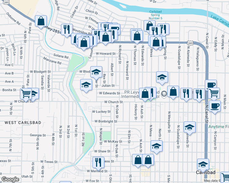map of restaurants, bars, coffee shops, grocery stores, and more near 1208 West Edwards Street in Carlsbad