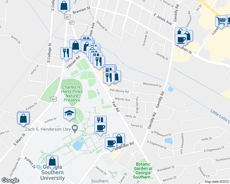 map of restaurants, bars, coffee shops, grocery stores, and more near 200 Pitt Moore Road in Statesboro