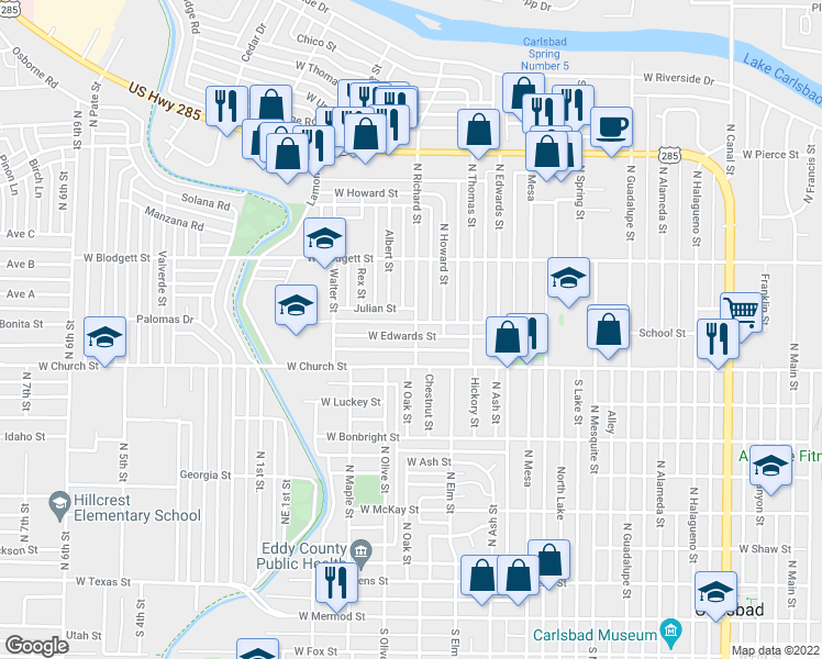 map of restaurants, bars, coffee shops, grocery stores, and more near 1202 West Edwards Street in Carlsbad