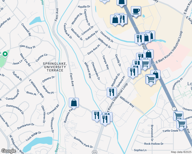 map of restaurants, bars, coffee shops, grocery stores, and more near 7706 Chesapeake Drive in Shreveport