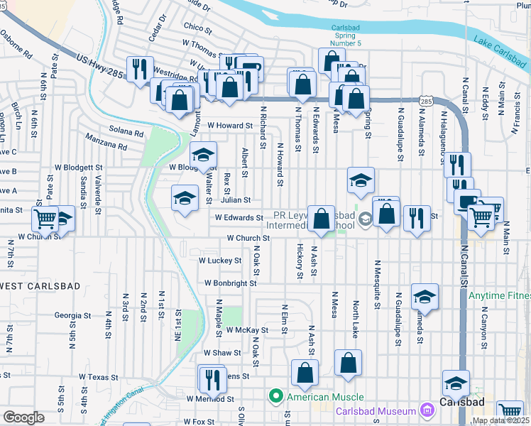 map of restaurants, bars, coffee shops, grocery stores, and more near 900 North Richard Street in Carlsbad