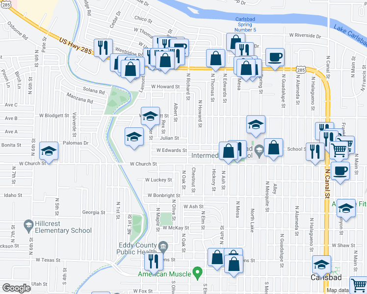 map of restaurants, bars, coffee shops, grocery stores, and more near 1204 West Edwards Street in Carlsbad
