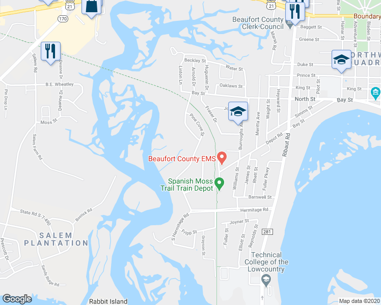 map of restaurants, bars, coffee shops, grocery stores, and more near 113 North Hermitage Road in Beaufort